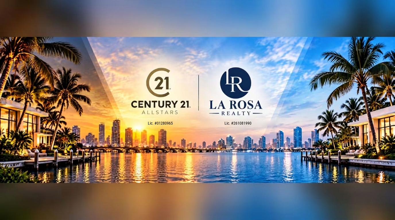 Century 21 Allstars and La Rosa Realty logos with brokerage license numbers over a waterfront skyline